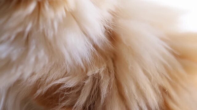 Slow motion closeup of fluffy pet fur gently swaying and ruffling in soft indoor light, studio background