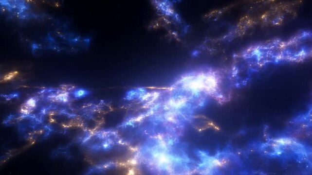 Slow panning tracking shot of luminous nebula clouds drifting and glowing across deep outer space stellar gas filaments and interstellar dust