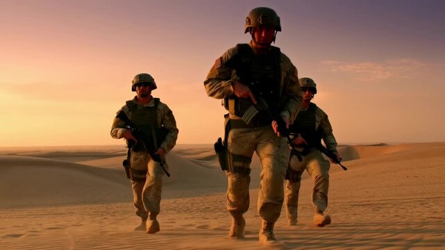 Tracking shot of soldiers running across desert dunes with rifles advancing toward camera at sunset in arid landscape