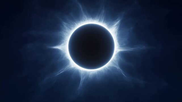 Time lapse static shot of solar eclipse corona glowing and expanding around moon shadow against dark outer space sky