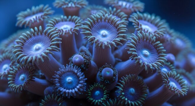 Close-up of vibrant blue zoanthid coral polyps in an aquarium.