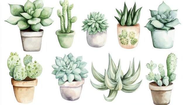 botanical watercolor bundle of succulents and cacti in pots and natural clusters, perfect for invitations or craft packaging