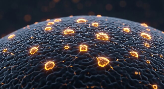 Microscopic View of a Cell Surface with Glowing Organelles.