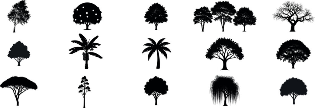 Collection of various tree silhouettes.