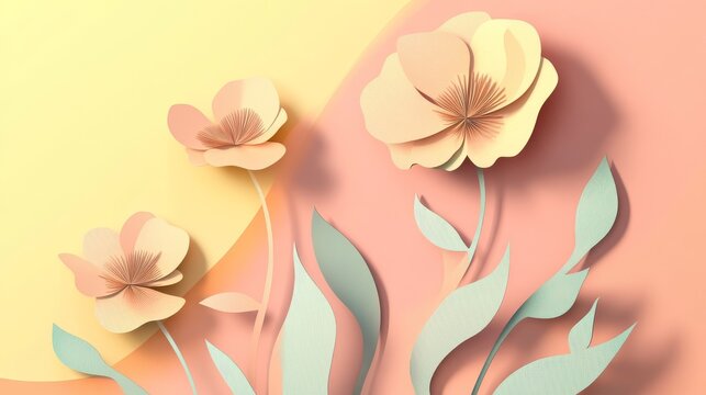 abstract botanical poster with papercut layered flower and leaf shapes in boho pastel palette, organic flowing curves and textured shadows