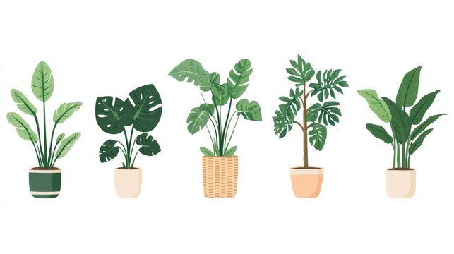 vector set of indoor potted plants with modern ceramic and rattan planters, tropical green foliage like monstera, rubber tree, and calathea, flat style on white