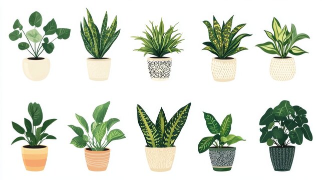 set of various indoor plant types including sansevieria, ficus, and pothos in decorative planters, isolated in clean vector flat design