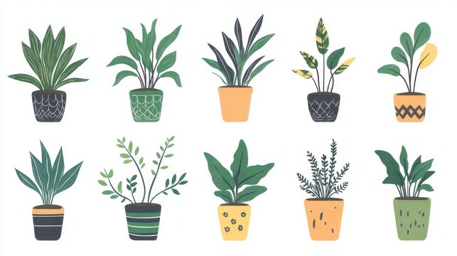 set of various indoor plant types including sansevieria, ficus, and pothos in decorative planters, isolated in clean vector flat design