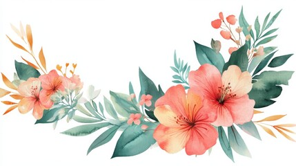 Obraz premium elegant watercolor clipart of exotic flowers and botanical leaves, arranged in corner frame with light transparent texture