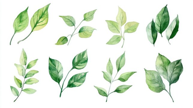 watercolor green leaves set with loose brush texture and subtle gradients, arranged in scattered style for overlay use