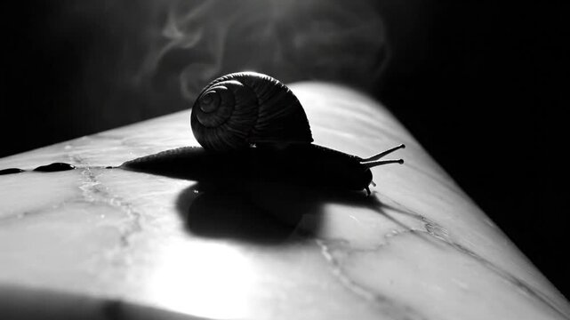 Black and White Silhouette of Snail Crawling on Marble Surface with Smoke and Light