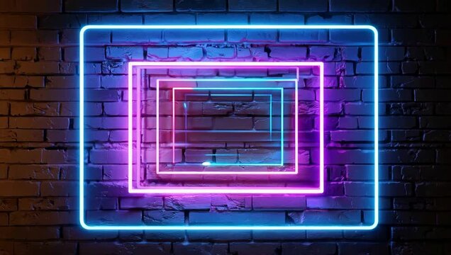 Animated neon rectangles glowing blue and pink on a dark brick wall background loop