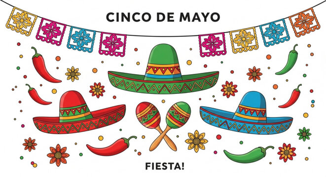 Cinco de Mayo fiesta illustration with colorful sombreros maracas chili peppers and papel picado banners perfect for festive celebrations and Mexican culture themes