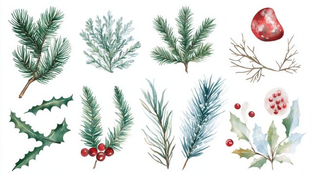 Christmas design elements pack with floral and decorative objects like evergreen branches and snow-dusted pine leaves, transparent watercolor style
