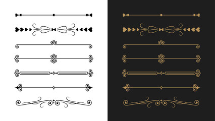 Set of decorative divider designs featuring ornate border flourishes. Classic ornament collection ideal for vintage frames, typography decoration, invitations, wedding cards, certificates. © Tuba Reza