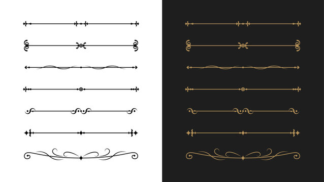 Set of decorative divider designs featuring ornate border flourishes. Classic ornament collection ideal for vintage frames, typography decoration, invitations, wedding cards, certificates.