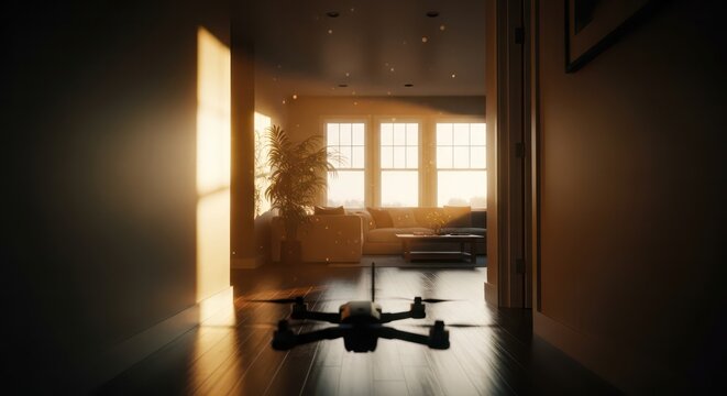 Drone resting on a polished floor in a sunlit hallway.