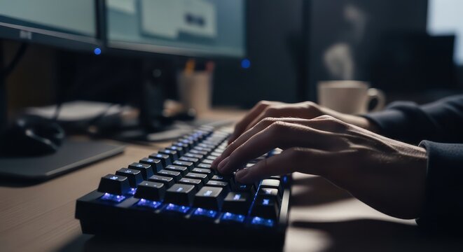 Close-up of hands typing on a backlit keyboard in a dimly lit room.
