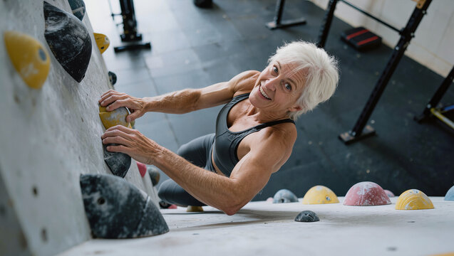 Smiling Senior Woman Bouldering on Low Indoor Climbing Wall in Gym, Fit Athletic Elderly Female Rock Climber Looking at Camera, Active Aging Sport