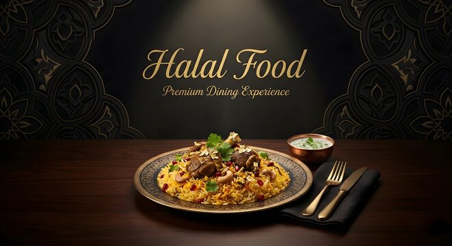 Authentic Halal Biryani Rice with Garnish in a Sophisticated Dark Moody Restaurant Setting with Gold Accents