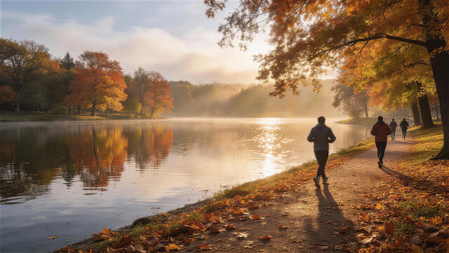 Autumn Lakeside Path: As dawn paints the sky, figures stroll along a lakeside path fringed by trees ablaze in autumn's colorful foliage, the water mirroring the serene sky.