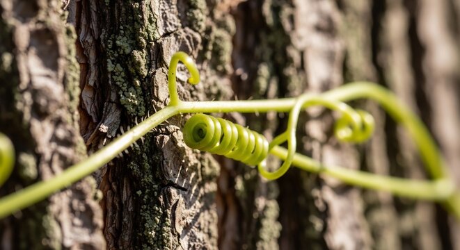 Close Up of a Green Vine Tendril Curling Around Tree Bark.