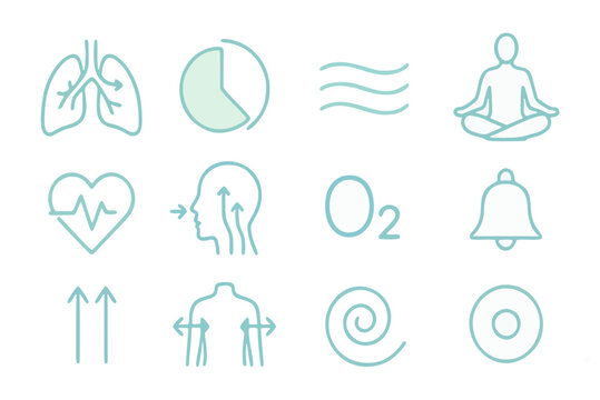 Breathing exercises emotional balance Icon Set include inhale exhale lungs diagram, breathing timer circle, calm wave lines, mindfulness pose, heart rate icon, stress release arrows