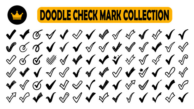 Large set of 84 hand-drawn doodle check marks. Features diverse sketchy, bold, and circled tick icons. Ideal for checklists, task apps, and creative projects to show completion and success.