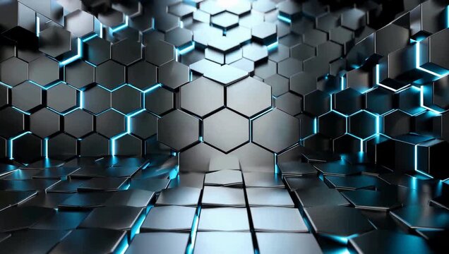 Futuristic 3D abstract background of dark metallic hexagons with cyan neon glow and shifting geometric motion
