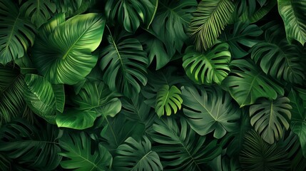 Fototapeta premium 14.Vibrant botanical backdrop filled with exotic greenery, delicate leaf veins rendered in fine detail, dynamic composition with varying shapes and directions, ideal for warm holiday visuals.