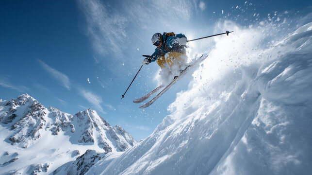 Conquering the Snowy Peaks: An athlete fearlessly carves through fresh powder snow, launching skyward against a backdrop of majestic mountains and a clear, inviting blue sky. 