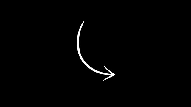 Hand-drawn arrow animation video. Sketch marker arrow, curved arrow direction indicator to the right, black background, 4k video.