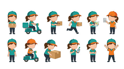 Fototapeta premium Delivery service cartoon girl icons, package shipping, scooter, map, phone