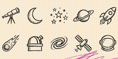 Black ink scribble doodle vector vintage hand drawn set of space exploration telescope and cosmos elements © Broke Stoke
