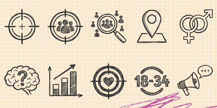 Black ink scribble doodle vector vintage hand drawn illustration of location pin target and business goals