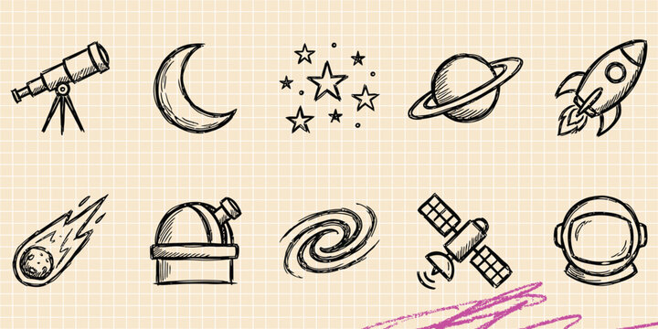 Black ink scribble doodle vector vintage hand drawn set of space exploration telescope and cosmos elements