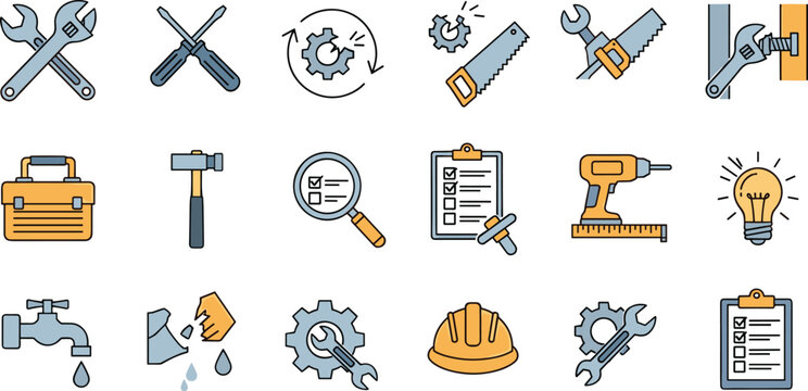 Repair and maintenance flat icon set with tools checklist and construction symbols