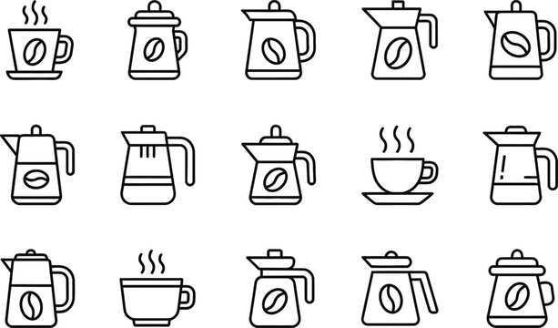Black line coffee maker and cup icons.coffee, maker, cup, icon, line, black, vector, illustration.
