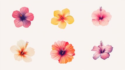 Fototapeta premium 68.Variety of hibiscus floral icons with graceful petal curves, clear contour precision, bold summer aesthetic, cohesive uniform thickness for consistent visual identity.