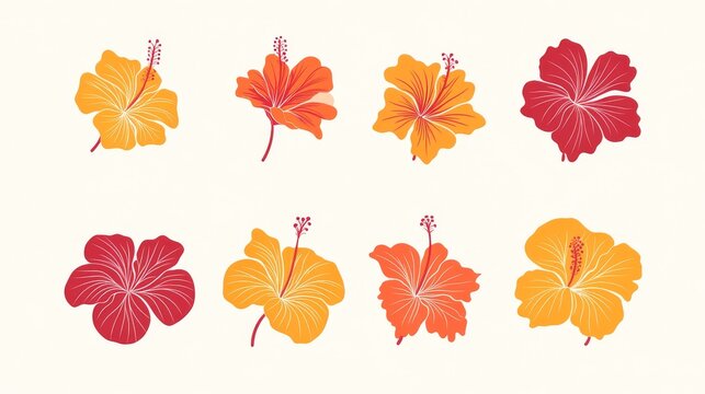 68.Variety of hibiscus floral icons with graceful petal curves, clear contour precision, bold summer aesthetic, cohesive uniform thickness for consistent visual identity.