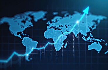 Obraz premium World map with glowing blue arrow pointing up showing growth trend. Financial graph with rising line over continents and oceans. Business data visualisation.