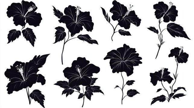 65.Collection of hibiscus silhouettes in various blooming stages, clean solid shapes, smooth contours, tropical vibe, perfectly spaced vector icons ideal for decorative summer themes.