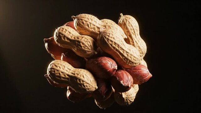 Rotating cluster of peanuts in shells and shelled, close up shot with dramatic lighting against a black background