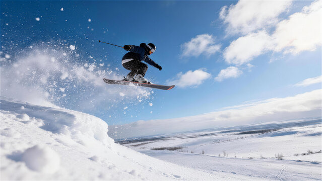 Aerial Skiing: A skier executes an impressive jump, capturing the dynamic motion of aerial skiing against a backdrop of a clear, blue sky, creating a sense of exhilaration and freedom.