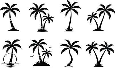 Obraz premium Black silhouette set of palm trees vector illustration Tropical palm tree silhouettes, set of 8 black coconut tree icons, exotic summer vacation plant vectors, minimalist beach flora graphics 