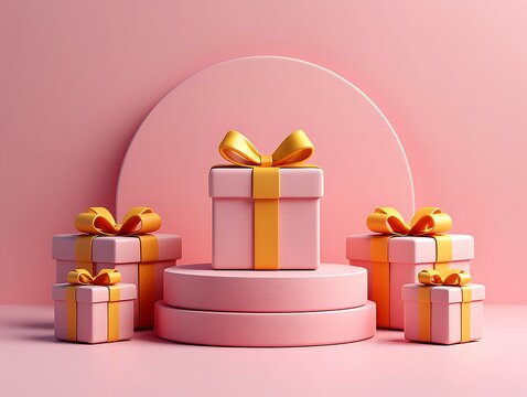 Pink gift boxes with yellow ribbons on pedestals valentines day gift giving surprise celebration birthday anniversary