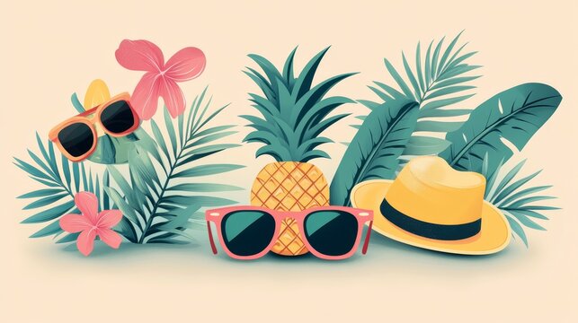 109.Playful modern vector layout showing tropical accessories including a pineapple, palm tree silhouettes, sun hat, and sunglasses, all rendered with smooth shading and lively summery hues.