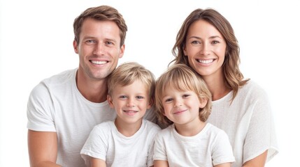 Fototapeta premium Happy family of four with parents and two young children smiling together against white background