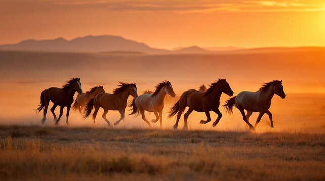 Wild Horses in Silhouette: A majestic herd of wild horses gallops freely across an open landscape at dusk, their silhouettes sharply defined against the vibrant hues of the sunset.