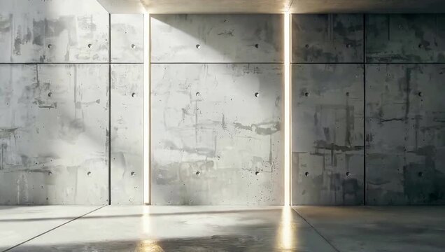 Minimalist industrial interior with raw concrete walls, vertical LED light strips and natural sunlight shadows in an empty studio space.